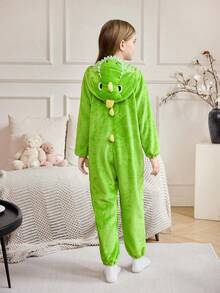 女孩舒适绿色霸王龙连帽连体衣 - 彩色 - 查看 2