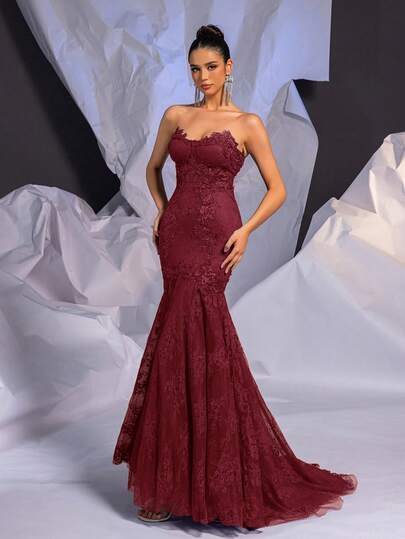 Glamrae Elegant Luxurious Sexy Strapless Contrast Color Lace Sheer French Vintage Lace Sheer Bra Cup Fishbone Lace Mesh Fishtail Train Wedding Dress