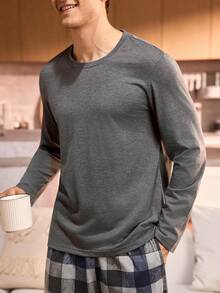 Manfinity Underwear&Sleepwear Basics 男士纯色圆领长袖上衣和格子裤睡衣套装，秋冬服装 - 深灰色 - 查看 5