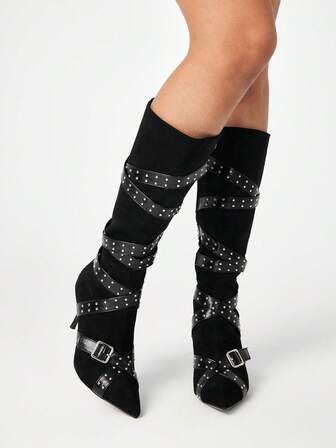 Grunge Punk Bottes de cavalière à talons stilettos pointus cloutées pour s