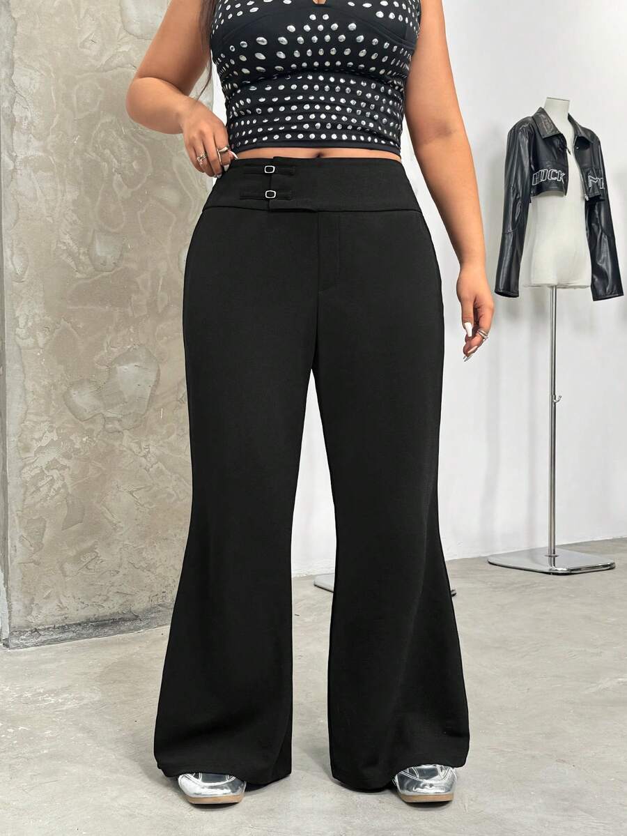 SHEIN EZwear 大码纯色时尚百搭金属扣休闲喇叭裤 - 黑色 - 查看 1