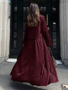 Aloruh Damen Herbst/Winter Neue Wildleder Fleece Braun Lange Trenchcoat mit Doppelreiher Stehkragen, Gürtel, weite Manschetten - Violett - Übersicht 2