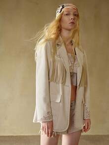 MOTF STUDIO WOMEN'S FRINGE DETAIL POINTELLE TRIM LAPEL COLLAR BLAZER, AUTUMN/WINTER - Beige - View 5