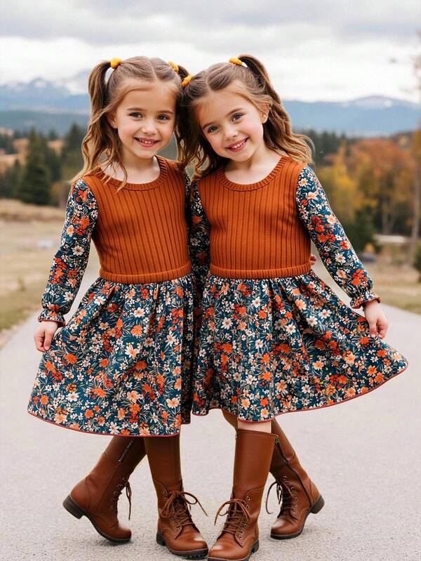 SHEIN Vestido casual de manga larga con cuello alto y estampado floral pequeño para niña joven, vestidos para niñas en negro