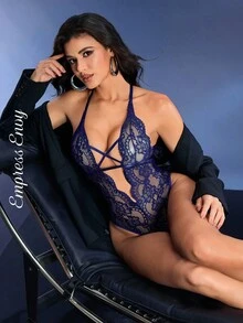 Women's Floral Lace Criss-Cross Hollow Out Halter Sexy Bodysuit - Navy Blue - View 1