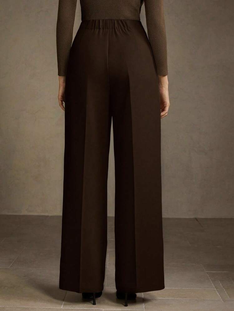 SOLID SLANT POCKET FOLD PLEATED WIDE LEG SUIT PANTS