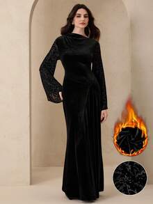 Graceveil Elegant,Formal,Black,Autumn Velvet Pleated Patchwork Burnout Lantern Sleeve Cinched Waist Dress For Festival Birthday Wedding Party Dining Evening - Black - View 7