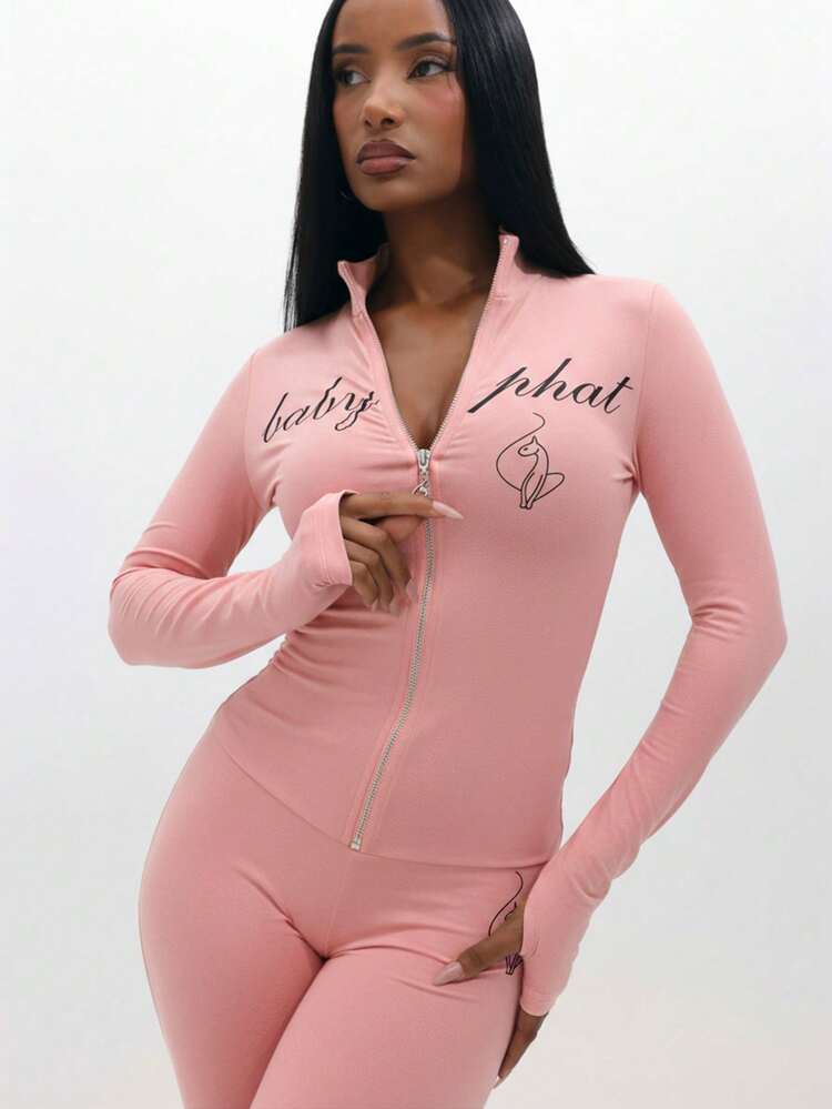 BABYPHAT Long Sleeve Zip Up Top With Script Print And Logo For Women