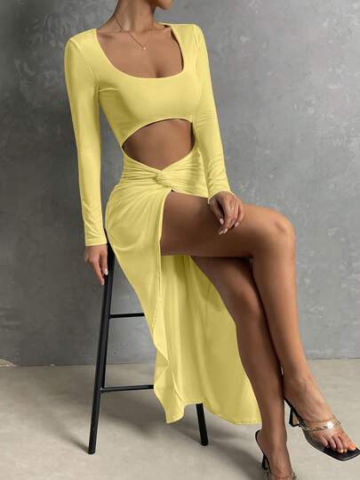 SHEIN Allurite Vestido con cuello cuadrado, corte, torsión frontal y abertura en el muslo de color amarillo, vestido de cumpleaños para mujer, vestido básico, vestido para salir, ropa urbana, vestido de otoño e invierno, imprescindible para fiestas, vestido de Navidad, vestido elegante, atuendo de rave y festival