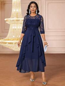 SHEIN Lady 女士优雅荷叶边蕾丝拼接长裙 - 藏蓝色 - 查看 7