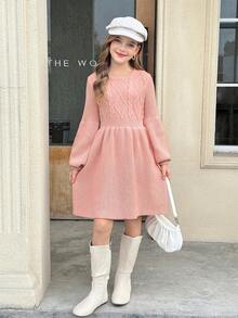 SHEIN Tween Girls Casual/Holiday Solid Pink A-Line Waisted Round Neck Long Sleeve Knit Dress, Autumn/Winter, Beige Sweater Dress, Back To School For Daily Wear, Fall Outfits Teen Girls Full Sleeve Dress Tween Dresses Puff Sleeve Girls Spring Autumn French Style Dress - Pink - View 3