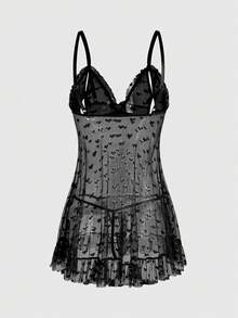 ROMWE Gothic Heart Lace Jacquard Sexy Nightgown & G-String Set - Black - View 2