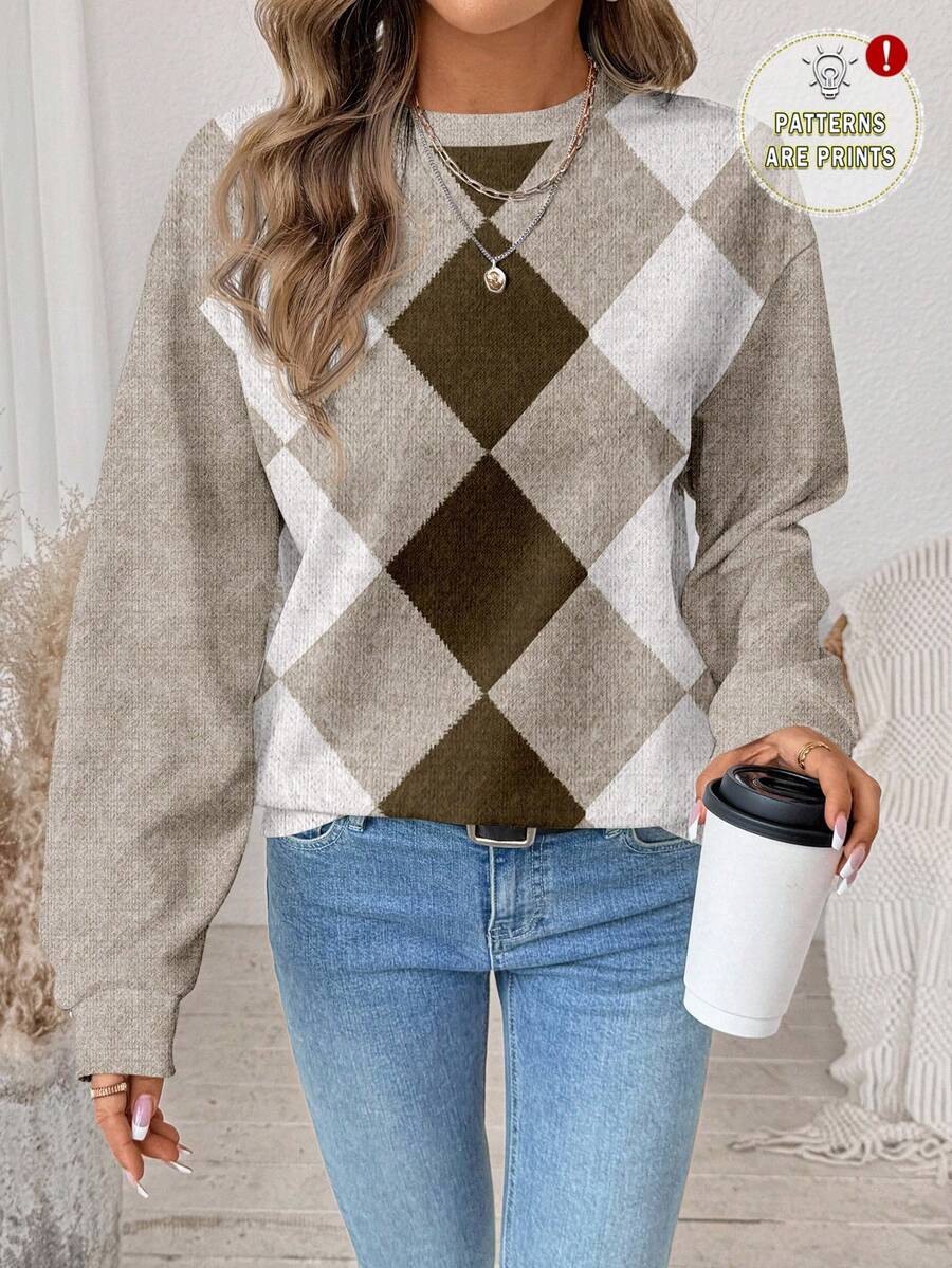 SHEIN LUNE 休闲简约时尚菱形格纹印花圆领宽松女式卫衣,适合秋冬季新年派对等休闲场合。 - 彩色 - 查看 1