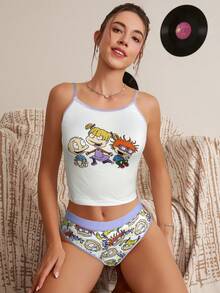 Nick 90s | SHEIN Conjunto de camiseta y pantalón corto con estampado de dibujos animados y ribete de contraste, cómodo para mujer - Morado - Ver 4