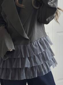FRIFUL Women's Fashion Mesh Patchwork Ruffle Trim Blazer Jacket - Black - View 4