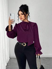 Elenzga Plus Size Elegant Satin Collar Tie Neck Blouse - Purple - View 1