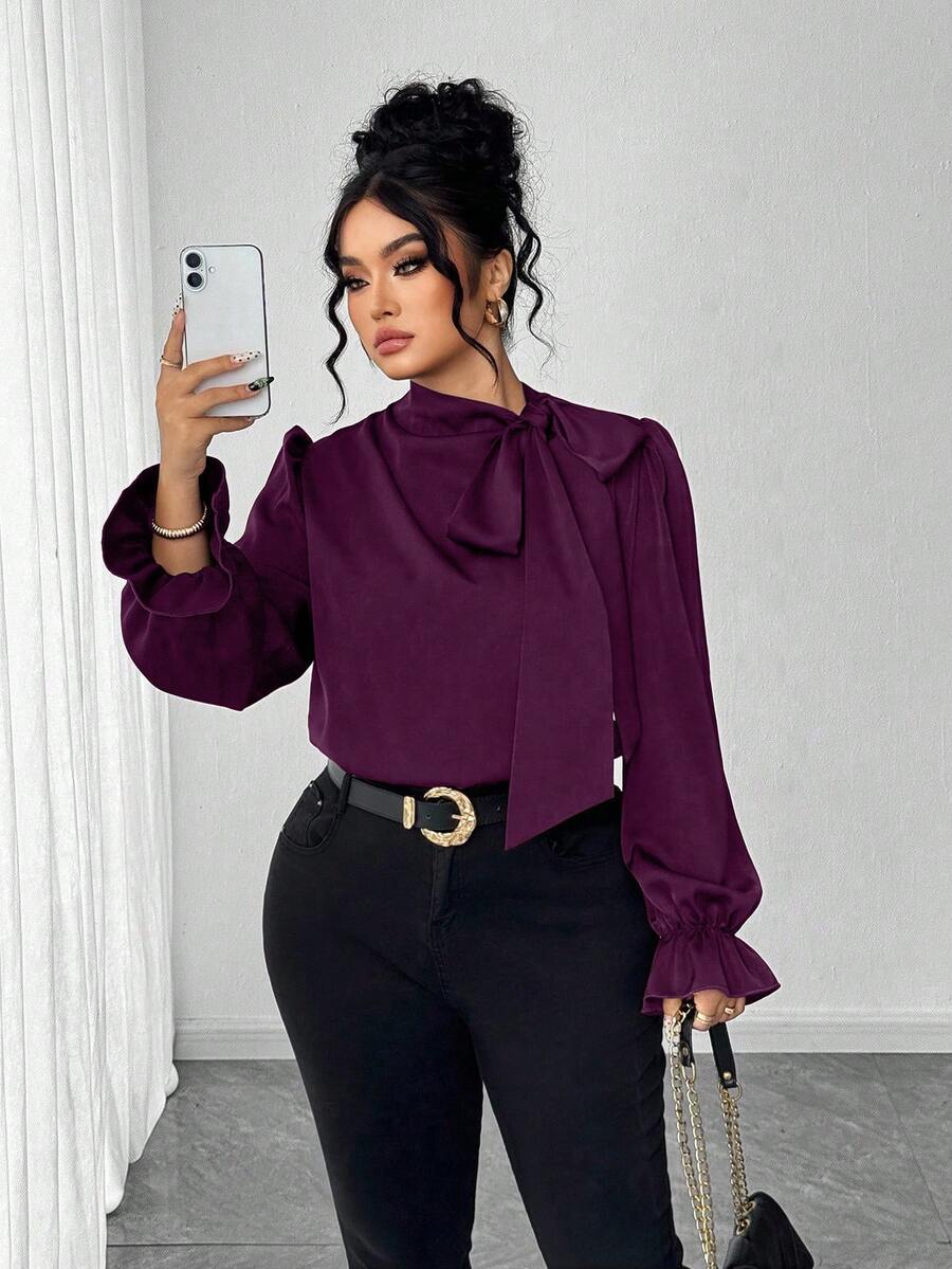Elenzga Plus Size Elegant Satin Collar Tie Neck Blouse - Purple - View 1