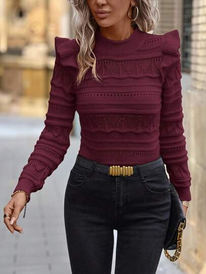 Solivie Suéter de mujer con cuello redondo, manga larga, bajo con volantes y parches de ganchillo, para otoño/invierno