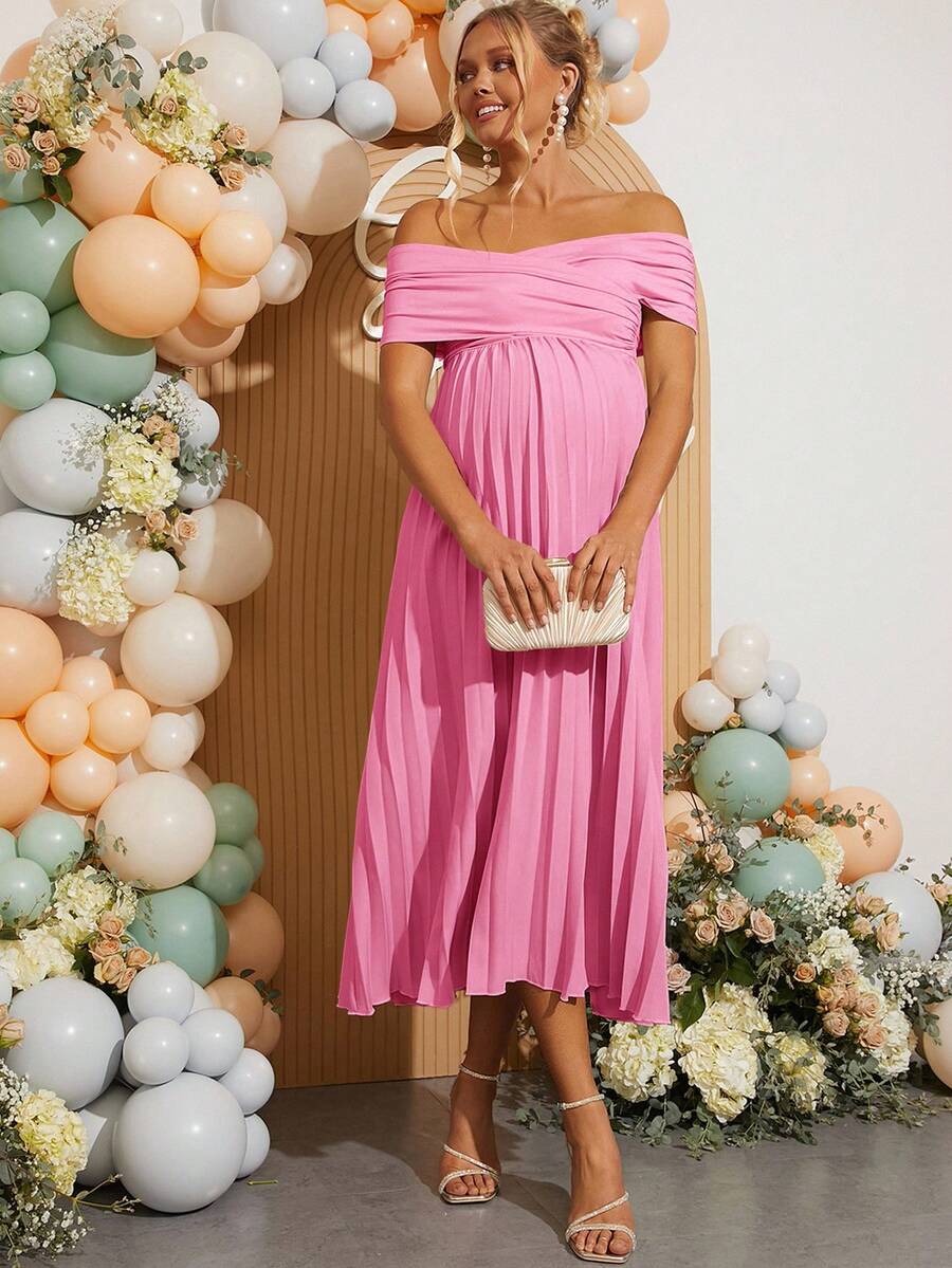 Loomaby Vestido elegante de maternidad de unicolor con pliegues y hombros descubiertos - Rosa - Ver 1