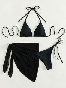 Oceva Summer Beach Solid Bikini Set Triangle Bra & Thong Bottom & Beach Skirt 3 Piece Bathing Suit Beach Outfits - Black - View 3