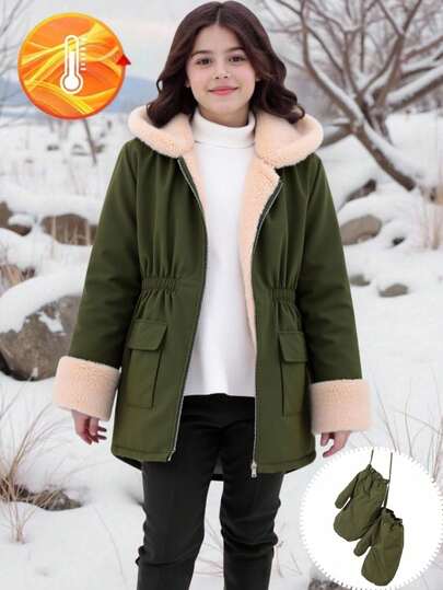 SHEIN Manteau matelassé patchwork noir à doublure en fausse fourrure kaki, polyvalent et décontracté pour les jeunes filles. Idéal pour l'école en automne/hiver, avec gants