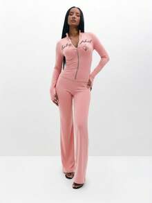 BABYPHAT Long Sleeve Zip Up Top With Script Print And Logo For Women - Baby Pink - View 2