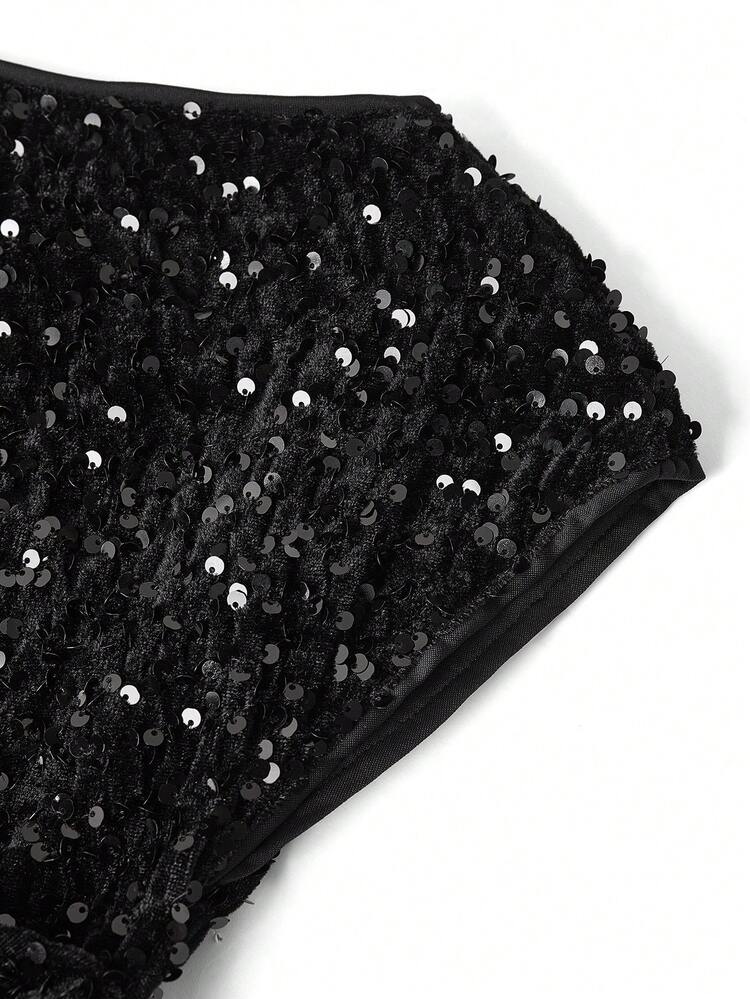 Ellevyn Damen Schwarzes Pailletten-Asymmetrisches Ausschnitt-Gerafftes Taille Bodycon Midi-Kleid, elegant für den täglichen Gebrauch, Partys, Herbst/Winter - Schwarz - Übersicht 9