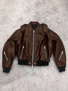 Manfinity EMRG 男士长袖皮夹克，街头风百搭复古美式休闲夹克，拉链设计情侣款，秋冬皮夹克 - 咖啡棕 - 查看 1