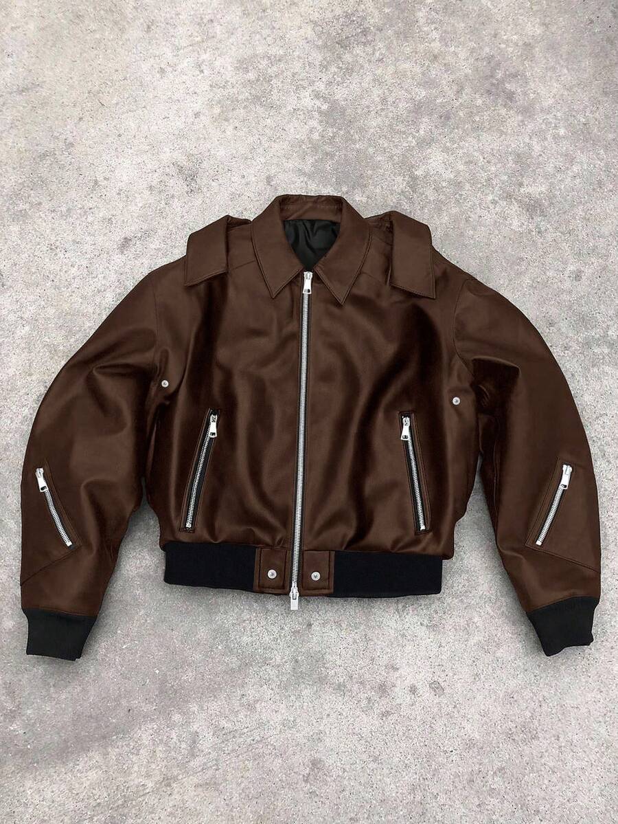 Manfinity EMRG 男士长袖皮夹克，街头风百搭复古美式休闲夹克，拉链设计情侣款，秋冬皮夹克 - 咖啡棕 - 查看 1