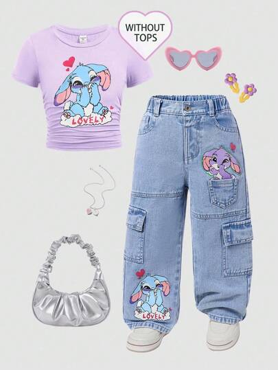 Young Girls' Straight Leg Denim Pants With Pockets & Rabbit Print, Casual, Streetwear, School, Daily Wear. Featuring Cute Rabbit Graphic Print In Blue & Purple, Multiple Pockets Design, Relaxed Fit Lightweight Washed Denim, Elastic Waistband For Comfort. Suitable For Casual Outings, Dates, Vacations, School, Hangouts With Friends.