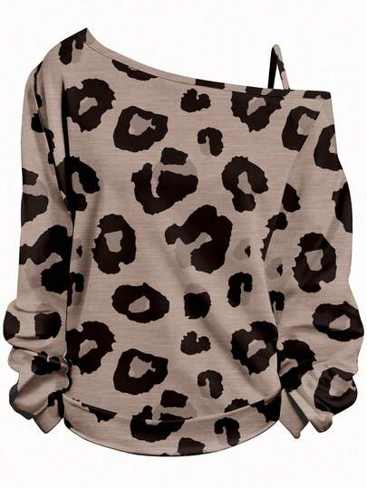 EMERY ROSE Große Größen Lässig Leoparden Muster asymmetrischer Kragen T-Shirt, Herbst