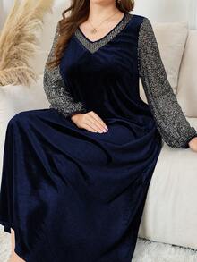 Lacomfia Váy dài nhung sequin cổ chữ V rộng rãi cho nữ cỡ lớn, mùa thu/đông - Màu xanh hải quân - Xem 5