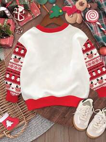 SHEIN Happikins Young Girl's Casual Christmas Cute Cartoon Reindeer & Polka Dot Snowflake Pattern Loose Fit Cozy Crew Neck Long Sleeve Knit Sweatshirt, Suitable For Autumn/Winter Girl Christmas Pajamas Kids Christmas Sweater Little Girl Winter Set Girl Christmas Sweater Kids Christmas Pajamas - Multicolor - View 2