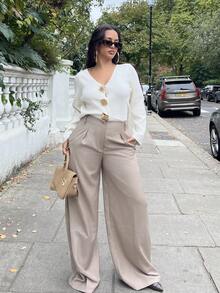 NegzBox 超宽腿褶皱西装套装 仅限套装 长裤 可爱约会之夜 外出 秋季 圣诞夜 工作 办公室 返校 干净利落 冬季派对 - 卡其色 - 查看 6