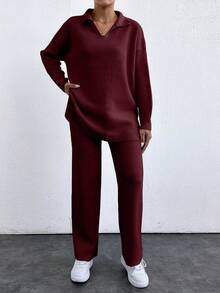 EURMUSE 2pcs/Set Solid Color Turn-Down Collar Sweater And Long Pants Outfit ,Petite Women - Burgundy - View 3