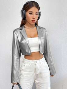 SHEIN Unity 女士银色翻领长袖短款外套