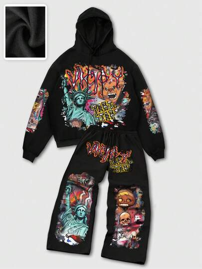 Street Life Men's Black Hoodie Set With Statue Of Liberty Graphic Print