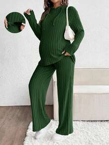 SHEIN Set de maternidad de 2 piezas: Top con capucha de manga larga y hombros caídos en unicolor y pantalones con cordón, casual - Verde Oscuro - Ver 6