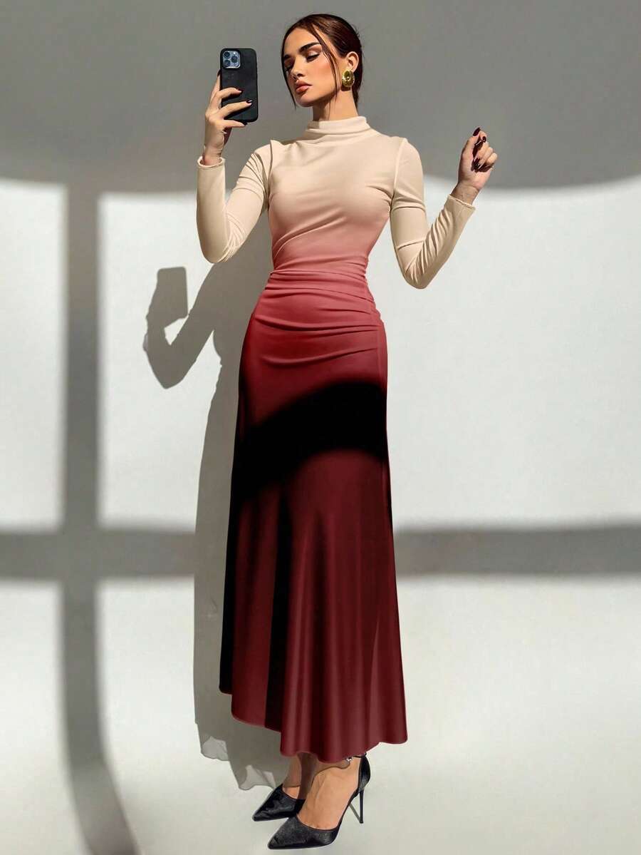 Aloruh New Elegant Sexy Ombre Print Long Sleeve Fitted Dress, Suitable For Formal Parties, Dates, Daily Wear, Autumn Dress, Chill Fall, Party Dress