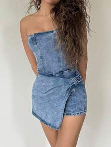 RebeccaVibe 女士休闲水洗抹胸牛仔连体裤 - 藍色 - 查看 4