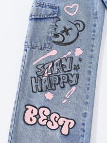 SHEIN Teen Girl Sweet & Cool Street Fashion Casual College Style Vacation Pink Heart & English Print Side Pockets Design Cargo Pants, Elastic Waist Wide Leg Jeans, Suitable For Home, Daily Wear, Dates, Shopping, Leisure Activities, Hangouts With Friends - Light Wash - View 4