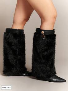 SHUZIA Giày bốt cao đến đầu gối bằng lông giả mềm mại, mũi nhọn ẩn thời trang, ống rộng dành cho nữ - màu đen - Xem 5