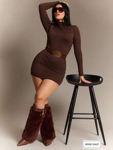 SHUZIA Giày bốt cao đến đầu gối bằng lông giả mềm mại, mũi nhọn ẩn thời trang, ống rộng dành cho nữ - Cà phê nâu - Xem 4