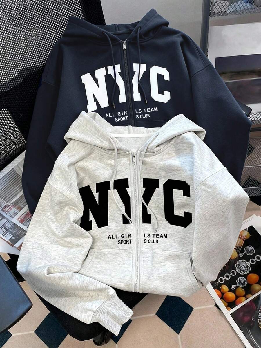 SHEIN 两件套女士连帽卫衣套装，字母印花拉链外套，适合教师、返校、毕业、日常穿着、冬季外套，时尚百搭，藏青色和灰色 - 彩色 - 查看 1