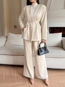 DAZY 2pcs Solid Color Loose Long Sleeve V-Neck Belted Suede Jacket And Wide Leg Pants Casual Elegant Formal Suit, Autumn/Winter - Apricot - View 6