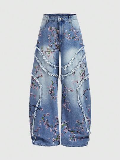 Street Life Men's Loose Fit Casual Jeans With Pockets & Frayed Hem, Cherry Blossom Print