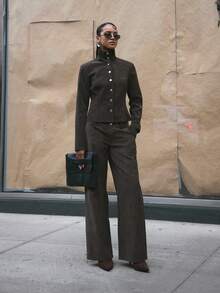 MUSERA Suedette Seam Detail Wide Jean Trousers Cool Girl, Streetstyle, Cute, Fall, Autumn, - Coffee Brown - View 1