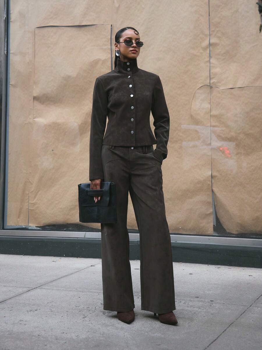 MUSERA Suedette Seam Detail Wide Jean Trousers Cool Girl, Streetstyle, Cute, Fall, Autumn, - Coffee Brown - View 1