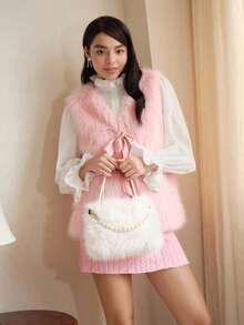 SHEIN MOD White Plush Women Handbag, Fashion Pearl Hand Bag, Fuzzy Furry Shoulder Bag, Versatile For Dating, Commuting, Elegant Pearl Bag - White - View 4