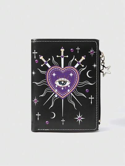 Goth Billetera de estilo gótico, monedero con cremallera con diseño creativo de pentágrama, ojo de gema de cristal en forma de lágrima, estrella, sol y espada, estilo punk y casual para tarjetero